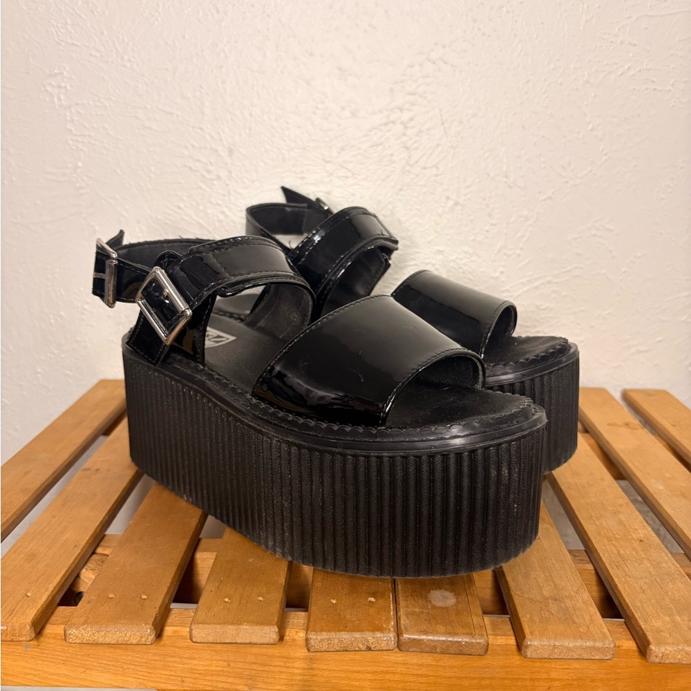 tuk Black Patent Platform Sandals with Buckle Straps